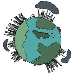 Planet earth full of big towns, industry and pollution. Abstract illustration. 
