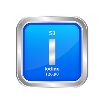 Icon structure Iodine (I) number chemical element square blue line silver. Periodic table. Sign with atomic number. Study in science for education. 3D vector illustration.