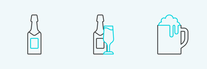 Set line Wooden beer mug, Champagne bottle and and glass icon. Vector