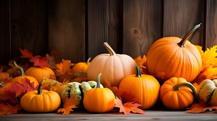 Festive thanksgiving decor of pumpkins, berries and leaves on a wooden background with copy space for text