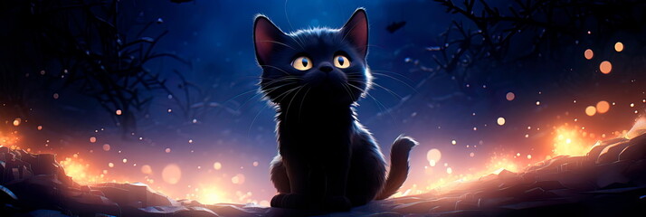 black cat with mesmerizing, glowing eyes set against the backdrop of a crescent moon and twinkling stars. - obrazy, fototapety, plakaty
