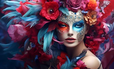 Fototapeten portrait of a woman in a flamboyant costume at the carnival of Venice, Italy, mask, natural flowers, feathers, luxury, Venice copyspace, pink and blue,AI generated © shustrilka