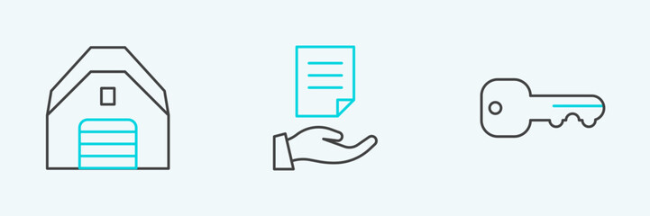 Set line House key, Garage and contract icon. Vector