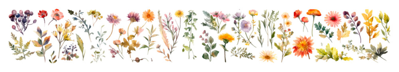 Watercolor wild flowers, leaves and grass set. Collection botanic garden elements. Vector isolated illustration in vintage style