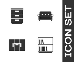 Set Library bookshelf, Furniture nightstand, Wardrobe and Sofa icon. Vector