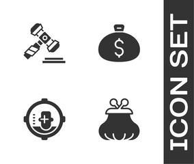 Set Wallet, Judge gavel, Headshot and Money bag icon. Vector