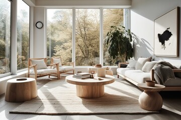 Modern japandi living space featuring natural elements, abundant sunlight, and Scandinavian style. Generative AI