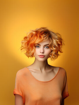 Studio portrait of cute young woman with orange hair, Generative AI illustration