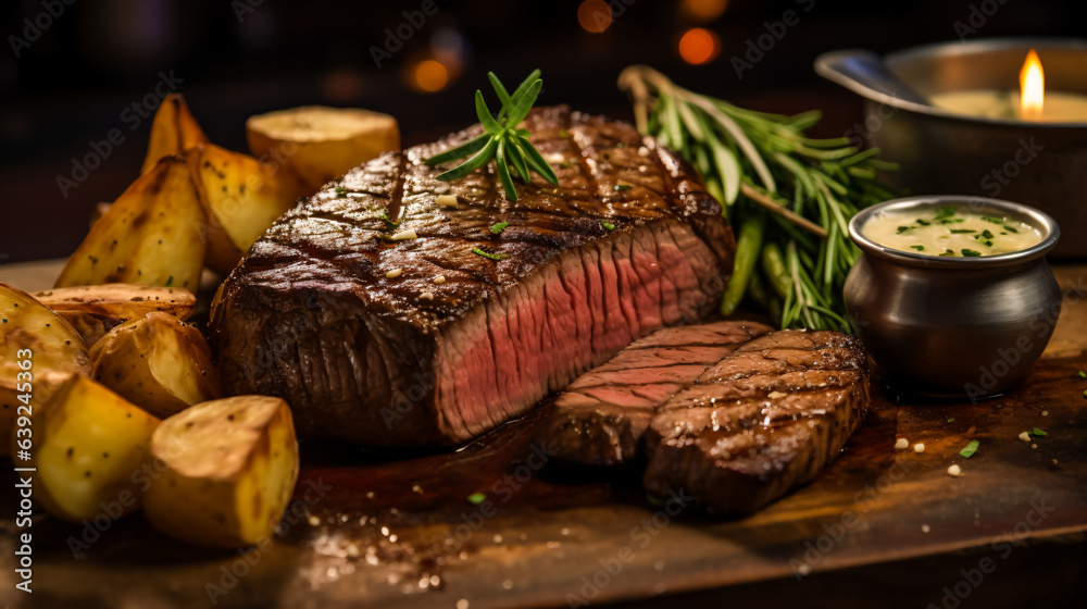 Wall mural A juicy steak grilled to perfection and served with a side of roasted potatoes and asparagus