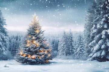 Christmas tree and christmas lights on abstract snowy landscape background, xmas background concept with advertising space
