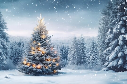 Christmas tree and christmas lights on abstract snowy landscape background, xmas background concept with advertising space