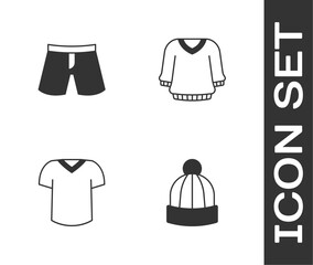 Set Winter hat, Short or pants, T-shirt and Sweater icon. Vector
