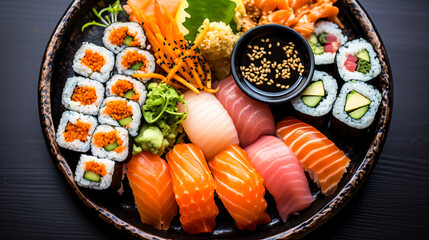 Closeup of a delicious plate of sushi with fish rice and seaweed