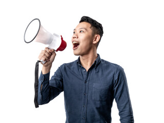 A portrait of an Asian man wearing a blue shirt, holding a megaphone and shouting. Isolated with a white background.