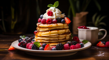 A stack of pancakes topped with fresh fruit and whipped cream