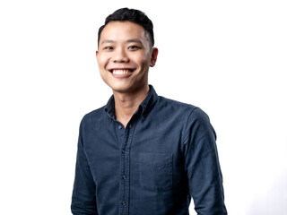 Fototapeta premium A portrait of an Asian man wearing a blue shirt, standing in a confident pose. Isolated with a white background.