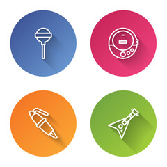 Set line Lollipop, Music CD player, Fountain pen nib and Electric bass guitar. Color circle button. Vector