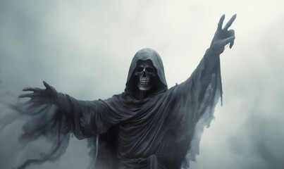 Fototapeta na wymiar creepy horror hood night death ghost fear evil skeleton halloween. Generative AI.