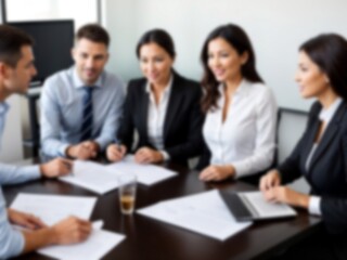 Fototapeta premium Blurred business people meeting at the office, blurred office interior space background for presentation.