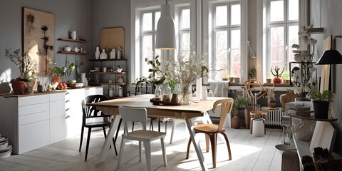 A typical Scandinavian kitchen with a dining table and chairs and stylish interior architecture  is topped with a wooden tabletop or shelf and contemporary minimalist vases