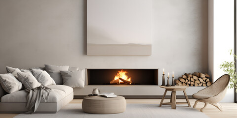 Minimalist living room interior with modern fireplace and white walls interior mockup 3d render