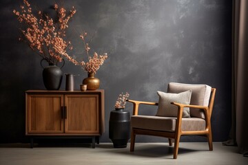 Stylish living room with wood furniture, dark chair, elegant lamp, stucco wall, dried flowers, personal accessories. Generative AI