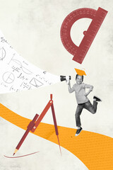 Vertical collage of funny small boy jump wear drawn mortarboard genius math learner geometry hold...