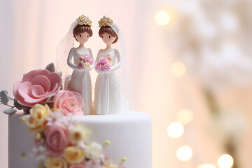 Fototapeta na wymiar Wedding cake topper with two brides. Gay marriage concept. 