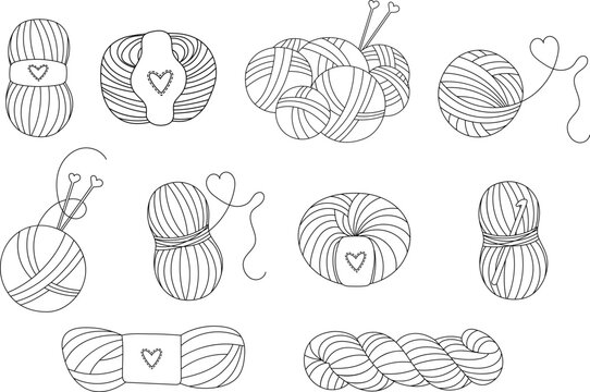 Set of line doodle yarn balls and skeins for knitting and crocheting. 