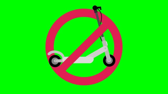 Appearance and disappearance animation of prohibition to use electric scooter on blue background, green background, transparency and white background in flat design style
