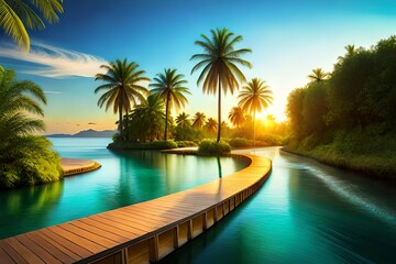 a lost island, surrounded with beautiful ancient arora, coconut trees,  tress, there's a river,bluish clear water, heavenly beauty
