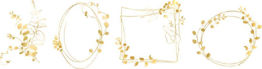 Linear vector gold monograms and floral border, Design for invitations. Gold frame. Botanical line art silhouette golden leaves. Vector Gold floral. Place for your text. Floral frame set