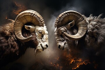 Two rams battling with their horns. Generative AI - obrazy, fototapety, plakaty