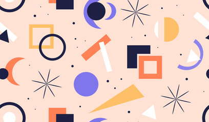 Geometric simple shapes and figures vector flat illustration. Abstract textured rectangle and semicircle decorated by spatter seamless pattern. Creative contemporary minimalistic wallpaper.