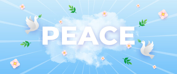 Fototapeta premium international day of peace blue banner, with dove, leaf and cloud elements