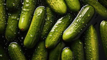 Crunchy green pickles with waterdrops - obrazy, fototapety, plakaty