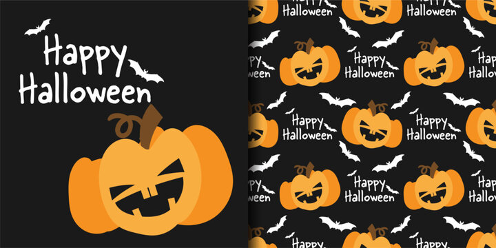 Halloween banner and seamless pattern of cute Halloween pumpkin and stars on black background with Happy Halloween text and bats.