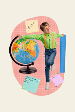 Vertical collage picture of funny mini boy hands hold huge planet earth world globe ruler memo sticker schedule planning