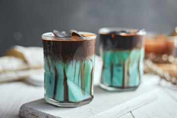 Signature iced chocolate mint drink in glass