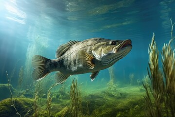 fish bass in habitat under water looking for prey. Sport fishing . 