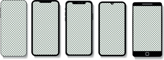 Vector illustration features five different models of smartphones with blank screens and different features. You can easily edit the size, color, and shape of the devices to match your style.