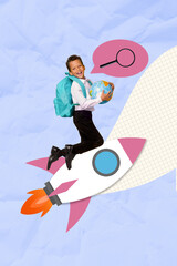 Vertical collage picture advert new courses schoolboy rocket enjoy exploring magnifying glass hold globus isolated on blue background