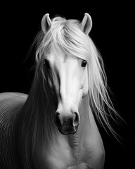 Generated photorealistic image of a white short horse in black and white format