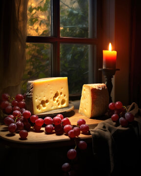 Generated photorealistic image of a rustic room with a window and a table on which grapes, a candle and cheese