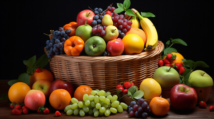 Healthy fruit background, different types of fruit in basket, Healthy diet