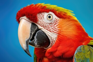 Obraz premium red colourful parrot on blue background, ai generated