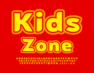 Vector advertising Emblem Kids Zone. Modern creative Font. Bright Childish Alphabet Letters, Numbers and Symbols set