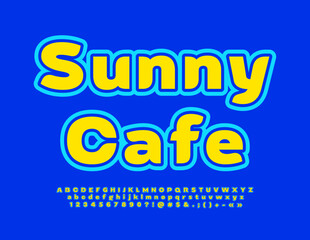 Vector bright banner Sunny Cafe with Blue and Yellow Font. Modern Alphabet Letters, Numbers and Symbols set