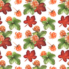 Watercolor seamless pattern with cloudberries. Perfect for greeting cards, textile, wallpaper, wrapping paper, menu, scrapbooking