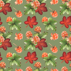 Watercolor seamless pattern with cloudberries. Perfect for greeting cards, textile, wallpaper, wrapping paper, menu, scrapbooking